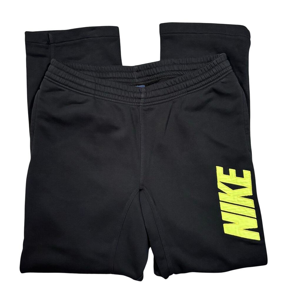 Nike Black Volt Neon Yellow Logo Straight Fit Cotton Fleece Sweatpants Men Large